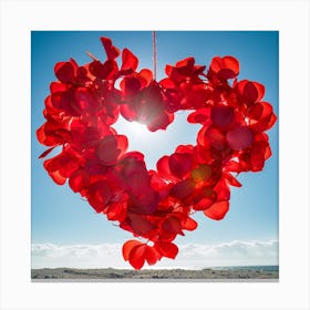a large, red, petal-made heart hanging in the sky, backlit by the sun with a clear blue backdrop Canvas Print