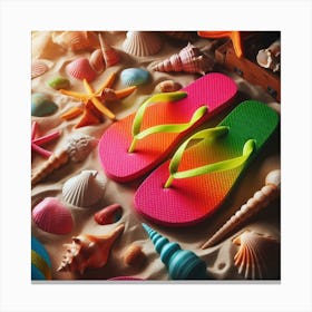 Colorful Flip Flops On The Beach Canvas Print