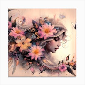 Girl With Flowers And Butterflies Canvas Print