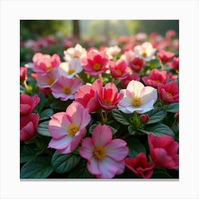 A Lush Garden Of Vibrant Pink And White Begonias With Morning Dew 2 Canvas Print