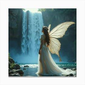 Fae Queen In A Shimmering Gown Standing By A Sparkling Waterfall 1 Canvas Print