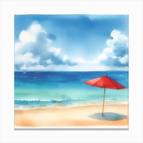 Beach Vibes: A Watercolor Art Print of a Calming Beach with a Red Umbrella Canvas Print