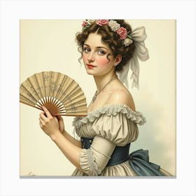 French Lady With An Antique Fan, Watercolor With Classic And Refined Details 1 Canvas Print