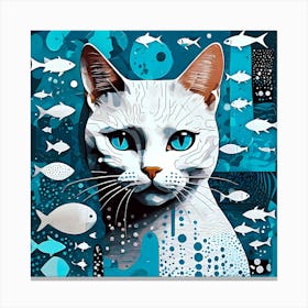 Blue Cat with Fishes Illustration Poster Artwork Canvas Print