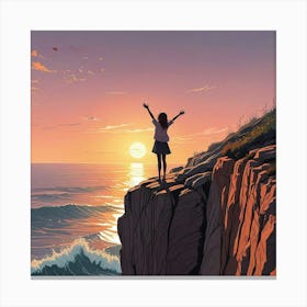 Girl Near Lake At Sunset Art Print (2) Canvas Print