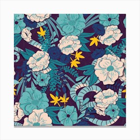 Flower And Floral Pattern On Purple With Blue And Yellow Decoration Square Canvas Print