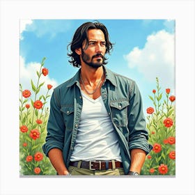 Watercolor Portrait Of Keanu Reeves In A Garden With A Clear Blue Sky Canvas Print