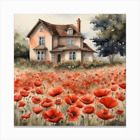 Watercolor Of A House With Poppies Canvas Print