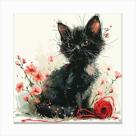 Black Kitten With Flowers Canvas Print