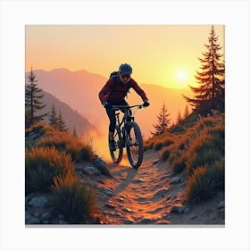 Mountain Bike On A Rugged Trail With Sunset Watercolor 1 Canvas Print