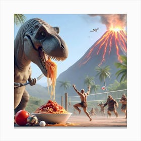 Dinosaur Eating Pasta During A Volleyball Game Canvas Print