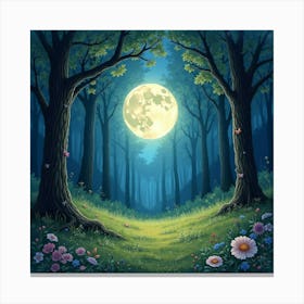 Fairy Ring In A Moonlit Forest, Watercolor 1 Canvas Print