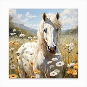 White Horse In Flower Meadow Canvas Print