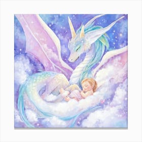 Pastel Illustration Of A Winged Baby Dragon In Slumber Nestled Beside Its Mother Both Enveloped In Canvas Print