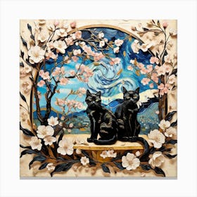 Black Cats In Cherry Blossoms Canvas Print