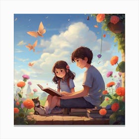 Boy And Girl Reading A Book Canvas Print