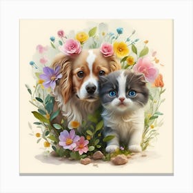 Dog And Cat In Flowers Canvas Print