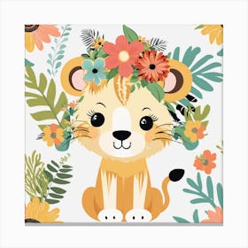 Floral Cute Baby Lion Nursery Illustration (11) 1 Canvas Print