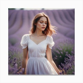 Beautiful Woman In White Dress In A Lavander Field 2 Canvas Print