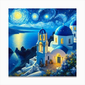 Santorini In Starry Night With Sea Canvas Print