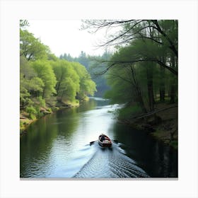 Small Skiff Navigating A Winding River Surrounded By Trees 1 Canvas Print