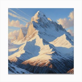 snow-capped mountain peak under a dawn sky. The light casts a golden glow on the rugged terrain, highlighting steep cliffs and soft clouds above Canvas Print