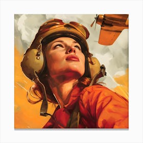Soviet Themed Retro Woman Looking At Plane Canvas Print