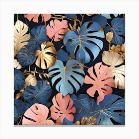 Golden and blue and pink leaves of Monstera Canvas Print