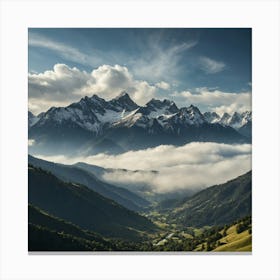 Snow-capped peaks at sunrise, with a golden glow on the mountains and mist in the valleys Canvas Print