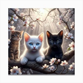 Three Kittens In Cherry Blossoms 3 Canvas Print