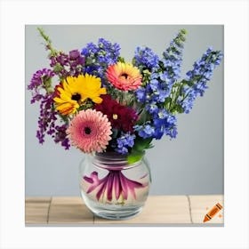 Craiyon 233945 A Tall Table Flower Arrangement In A 18cm Pink Hurricane Jar With Blue Delphiniums Canvas Print