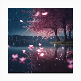Floating Cherry Blossom Flowers on the Lake at Midnight Canvas Print