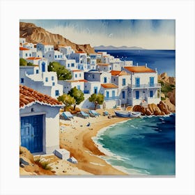 Aegean Village.Summer on a Greek island. Sea. Sand beach. White houses. Blue roofs. The beauty of the place. Watercolor. 4 Canvas Print