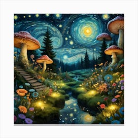 Starry Night In The Enchanted Forest with Giant Mushrooms and Exotic Wildflowers Canvas Print