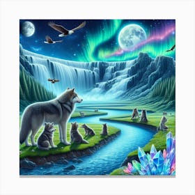 Wolf Family by Crystal Waterfall Under Full Moon and Aurora Borealis 9 Canvas Print