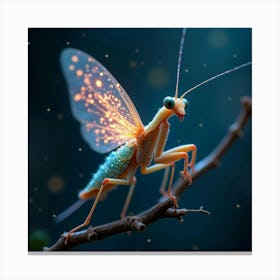 A Whimsical Mantis With Wings Of Glowing, Fractal Light Perched On A Celestial Twig Canvas Print