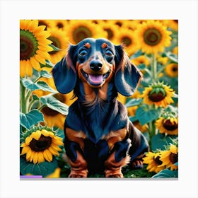 1711911286283 a Happy dash hound in a field of Giant yellow sunflowers Canvas Print