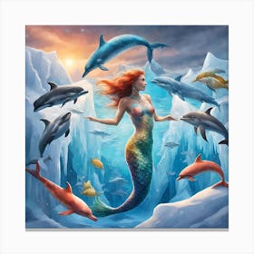 Mermaid With Dolphins Canvas Print