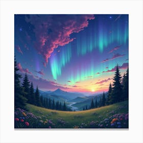 Celestial Watercolor Aurora Over Enchanted Meadows 1 Canvas Print