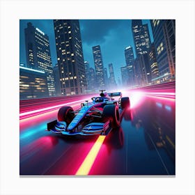 Formula Car Drifting On A Tight Neon Lit Track Under Towering City Buildings 1 Canvas Print