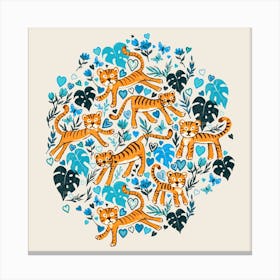 Happy Valentine Tigers In Blue Square Canvas Print