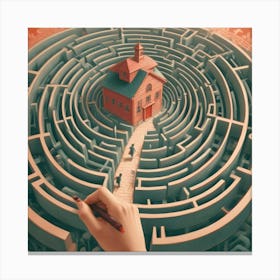 A Hand Drawing A Labyrinth With A Red Building At The Center And Two People Walking The Path Towards It Canvas Print