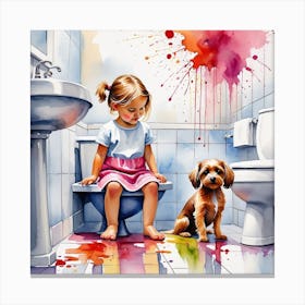 Little Girl And Dog In The Bathroom Canvas Print