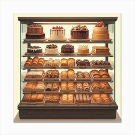 A digital painting of a bakery display case filled with a variety of cakes, pastries, cookies, and breads. The cakes are decorated with frosting, fruit, and chocolate. The pastries are flaky and golden brown. The cookies are chocolate chip, oatmeal raisin, and sugar. The breads are crusty and warm. The bakery case is made of glass and wood. The background is a light brown color. The painting is in a realistic style. Canvas Print