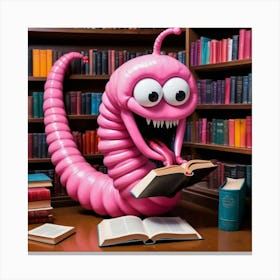 Pink Worm Reading A Book 1- AI/Hybrid Art  Canvas Print