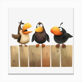 Three Birds On A Wooden Fence Canvas Print