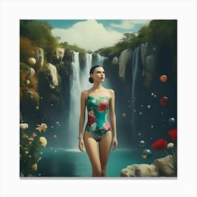 Woman In A Swimsuit And Waterfall Canvas Print