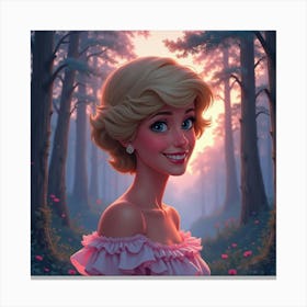 Princess Diana Smiling With A Dreamy Watercolor Forest Backdrop At Dusk Canvas Print