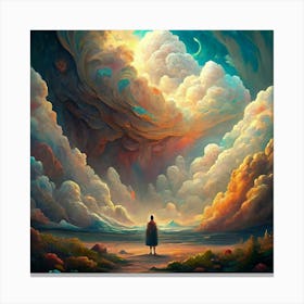 Man Standing In A Dreamlike Landscape With Giant Clouds Canvas Print