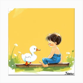 Little Boy And Duck Canvas Print